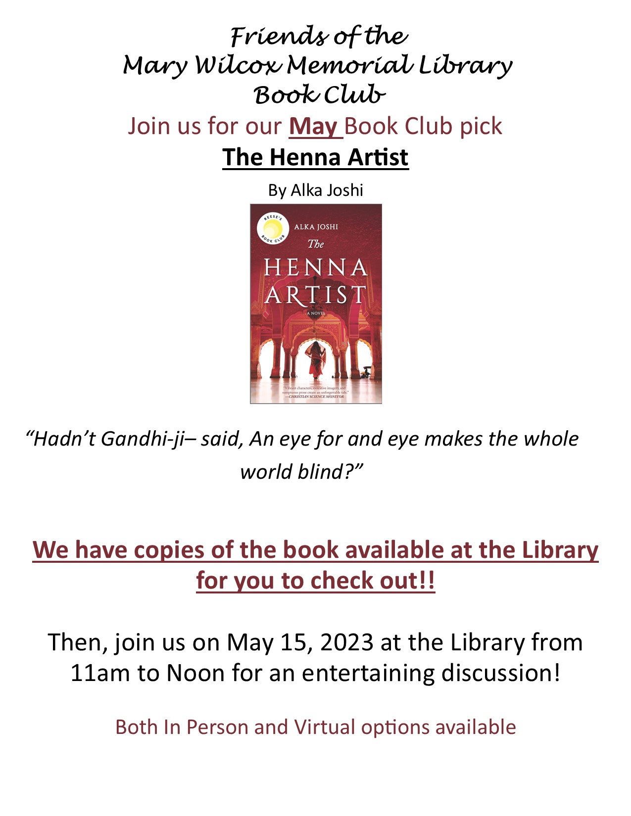 Friends of the Mary Wilcox Memorial Library Book Club – Mary Wilcox ...